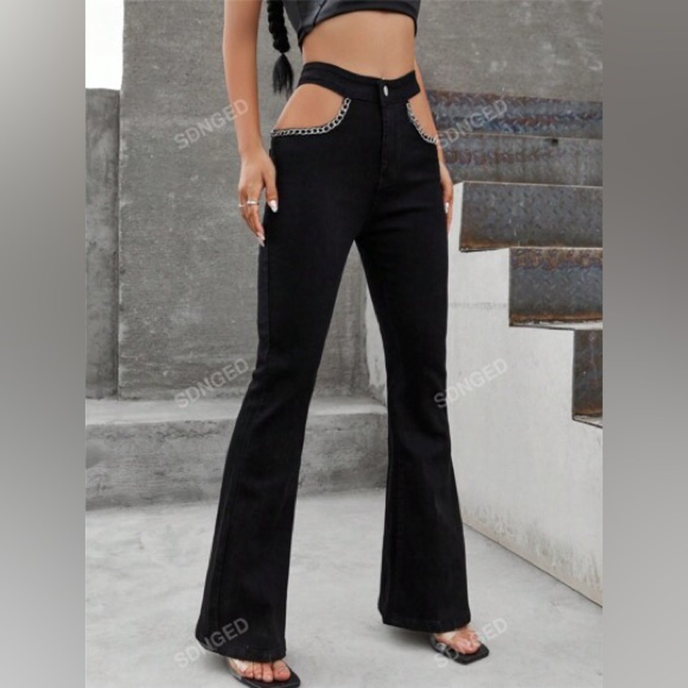 NWT women’s jeans cut out chain flare dark edgy steampunk‎ festival black